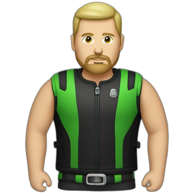 round headed white male biker wearing black and green with bottom goatee emoji