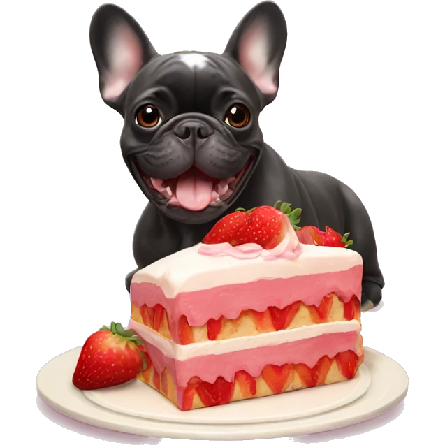 French bulldog eats strawberry cake emoji