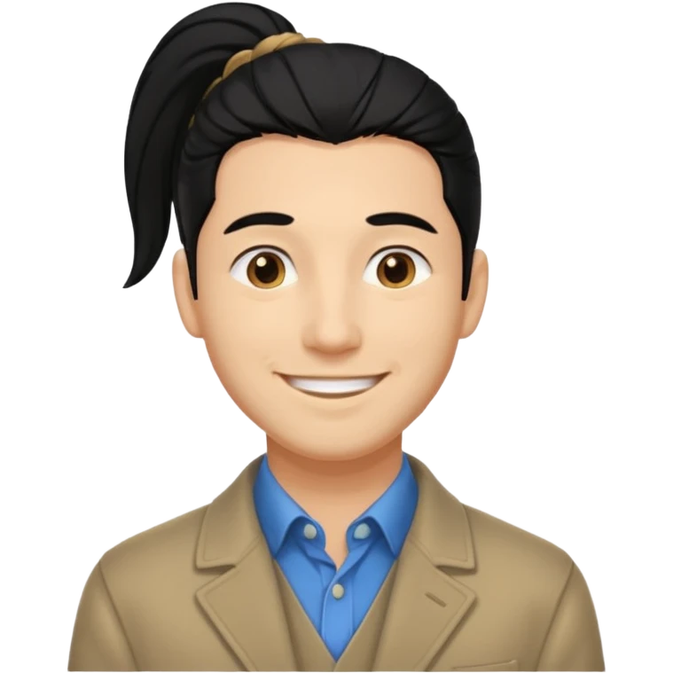 black long pony tail hair man with polite outfit smile warmly emoji