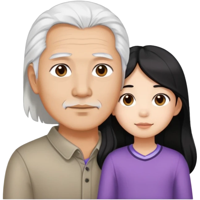 Asian dad, brown eyes, white hair, tan with Asian daughter long black hair emoji