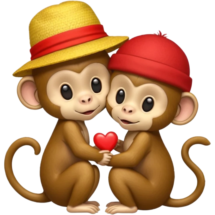 two cartoon monkeys hugging and kissing. The larger monkey is wearing a yellow straw hat like Luffy’s from One Piece. The smaller monkey is wearing a solid red headband. A small red heart floats between them to express affection. emoji