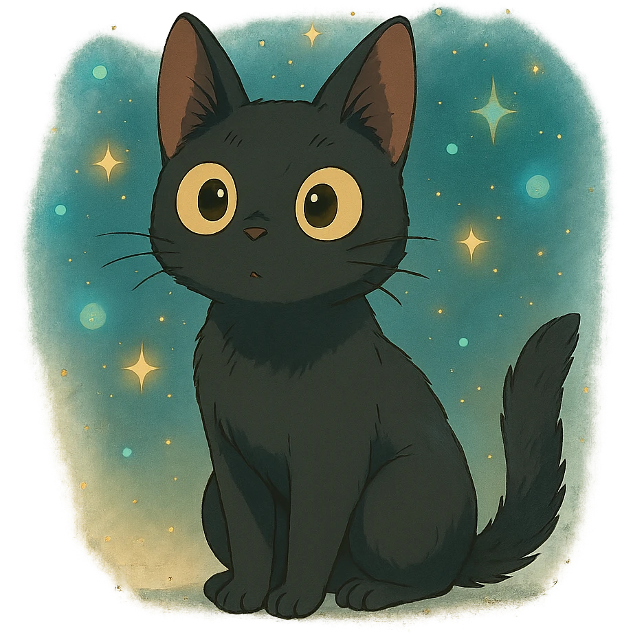 curious cat with big eyes and magical atmosphere in ghibli style emoji