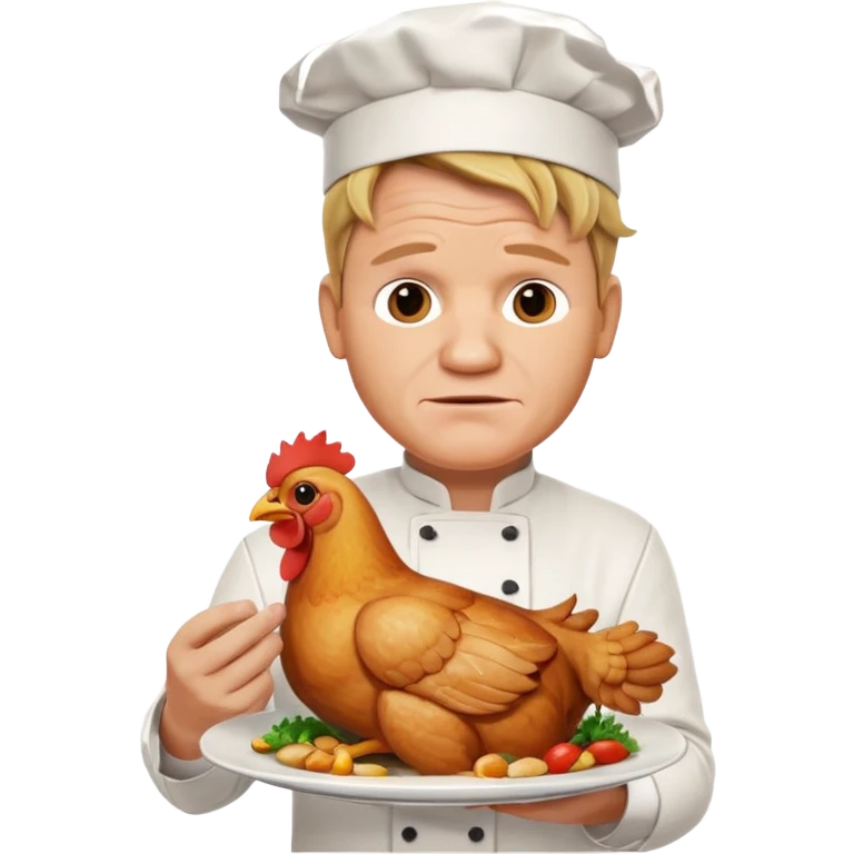 Gordon Ramsay holding a cooked chicken on a plate, chef outfit, expressive face emoji