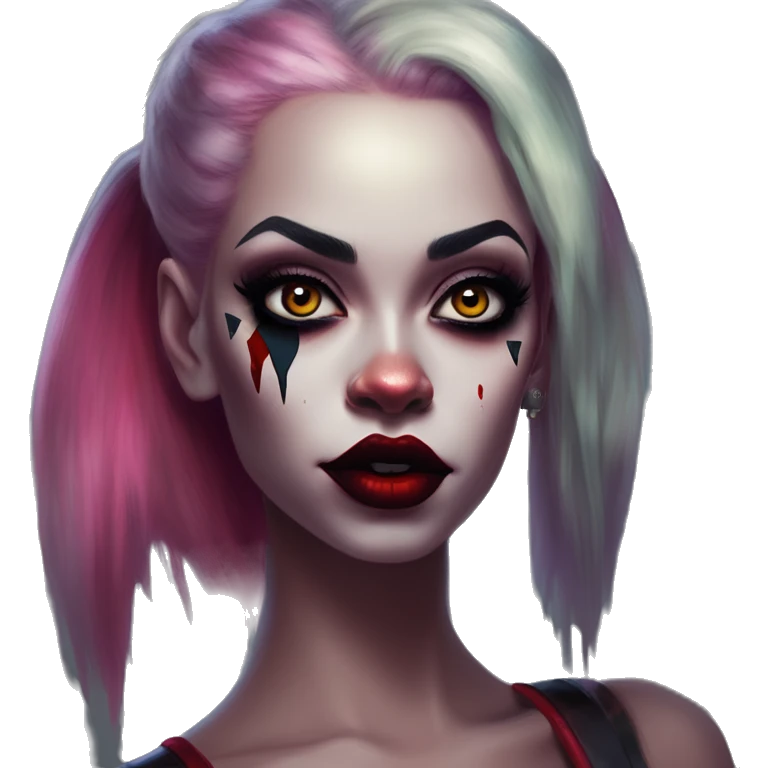 Night Elf Rihanna in Harley Quinn style, oil paint, mysterious eyes, intricate lips, masterpiece portrait, odd perspective, beautiful, desirable, logical emoji