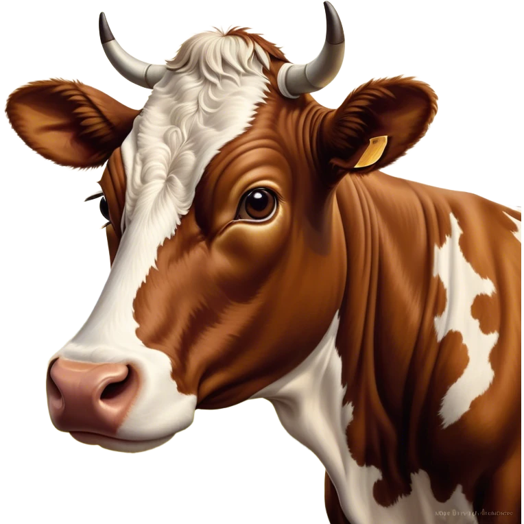 Cinematic Noble Brown and White Cow Portrait Emoji, Poised and regal, with a large, sturdy build and a beautifully patterned hide of rich brown accented by crisp white patches, deep-set soulful brown eyes, Simplified yet sharp and sophisticated features, highly detailed, glowing with a soft, dignified glow, high shine, intelligent and calm, stylized with an air of pastoral majesty, focused and attentive, soft glowing outline, capturing the essence of a watchful and confident bovine guardian, so majestic it feels as though it could amble out of the screen with effortless authority! emoji