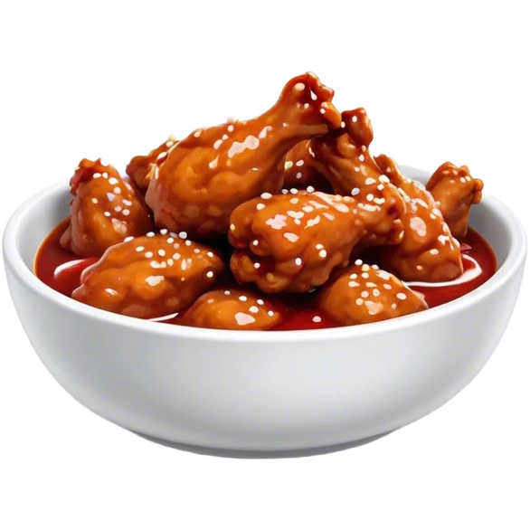 Korean Fried Chicken Cinematic Realistic Korean Fried Chicken Dish Emoji, depicted as bite-sized chicken pieces generously coated in a glossy, spicy sauce, in a bowl. emoji