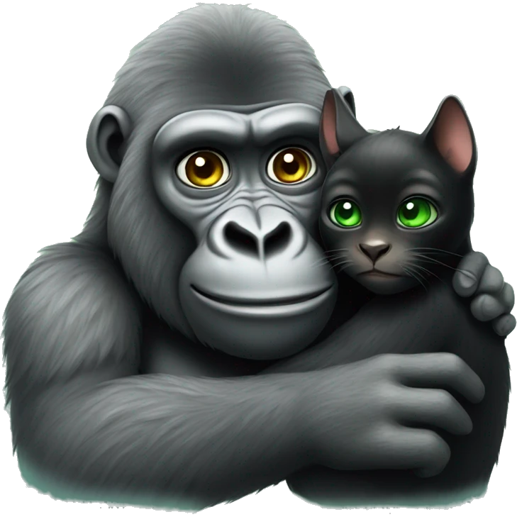 Friendly gorilla hugging a black cat with green eyes emoji