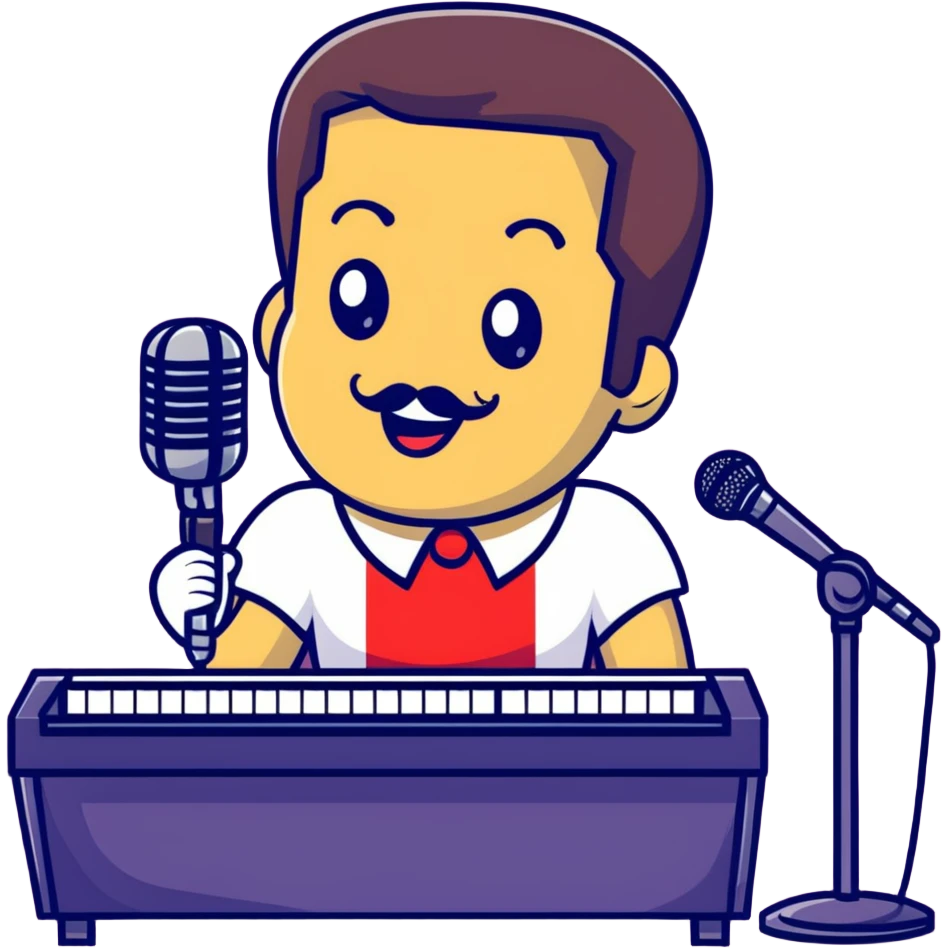 Freddie Mercury at piano with microphone emoji