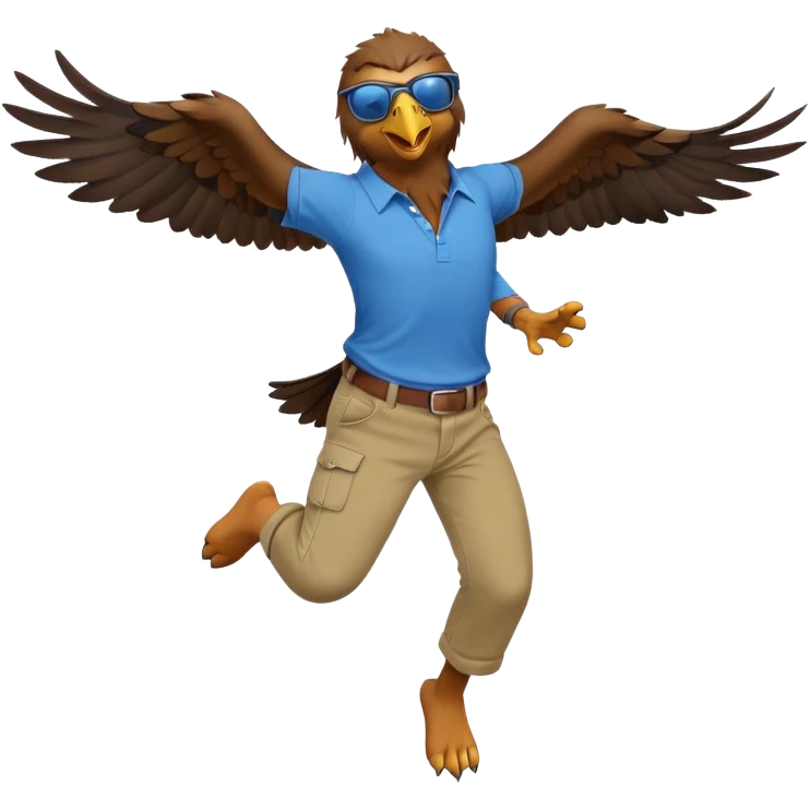friendly anthropomorphised male eagle in a shirt and pants jumping wearing sunglasses emoji