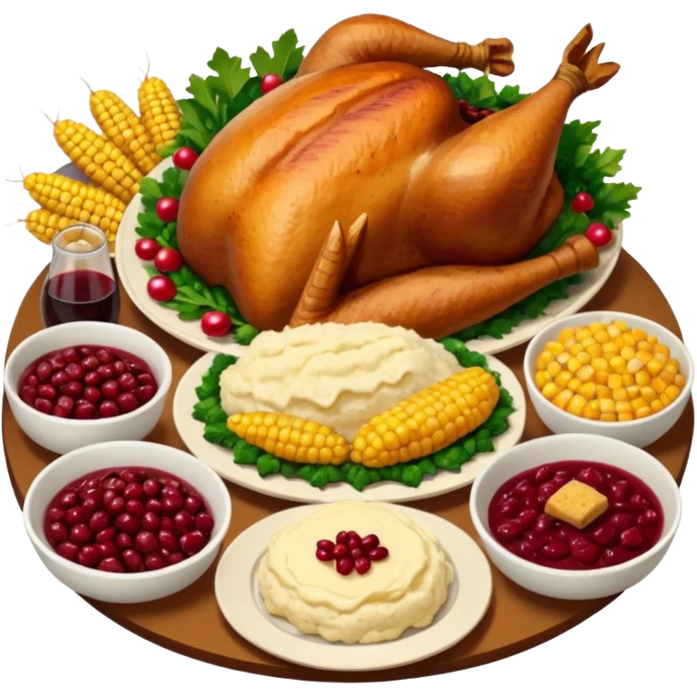 Thanksgiving Dinner with 6 friends of all different races around the table; have the food be a cooked turkey, mashed potatoes, corn, a basket of biscuits, a small bowl of cranberry sauce, baked yams, steamed vegetables, and a bottle of wine. emoji