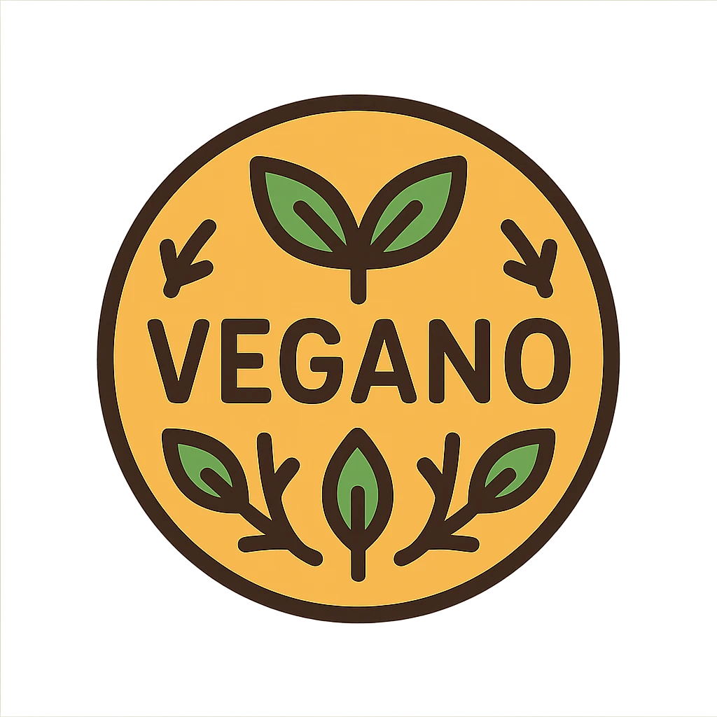 the word VEGANO in a circular badge design, with plant motifs and earthy tones, ideal for a vegan product label emoji