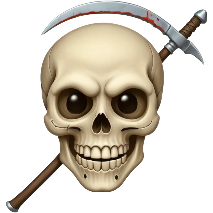 A laughing skull with a scythe crossed behind it, one eye socket winking. Clean, stylized lines, flat vector. Medieval woodcut style. Black and white with one accent color (tarnished silver). No background. emoji