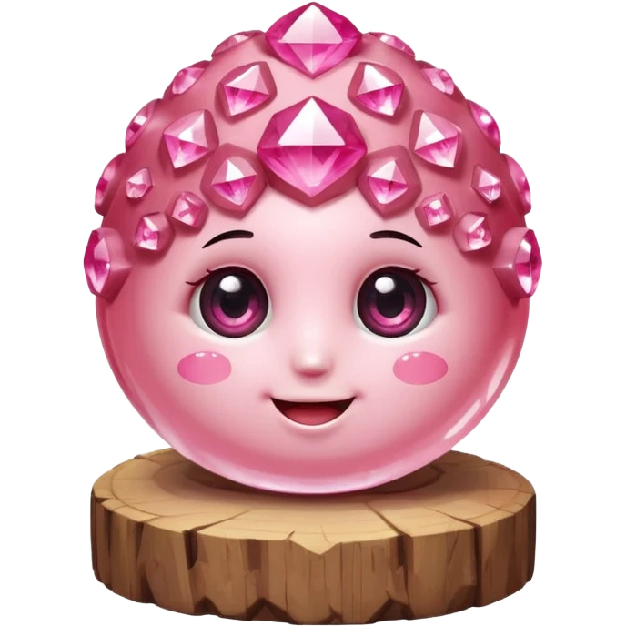A single cute pink crystal cluster character, chunky round base with many tall rose-pink crystal quartz cluster imperfect, on the front of the base a kawaii face with big shiny eyes and a happy open smile very shiny and nothilng else emoji