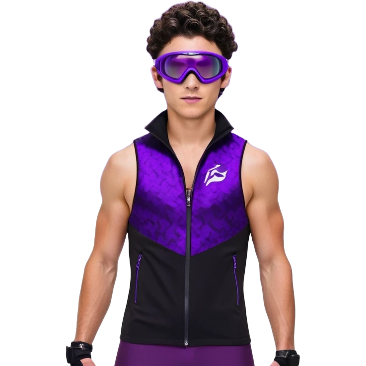 male athlete with white skin and moderately curly dark brown hair on top with shaved sides, wearing ski goggles with purple frames and very dark black lenses, a simple plain black chain necklace, and a completely unzipped sleeveless vest with purple and black sequin fire pattern design with no logo, fully revealing his chest, shoulders and arms, no earrings emoji