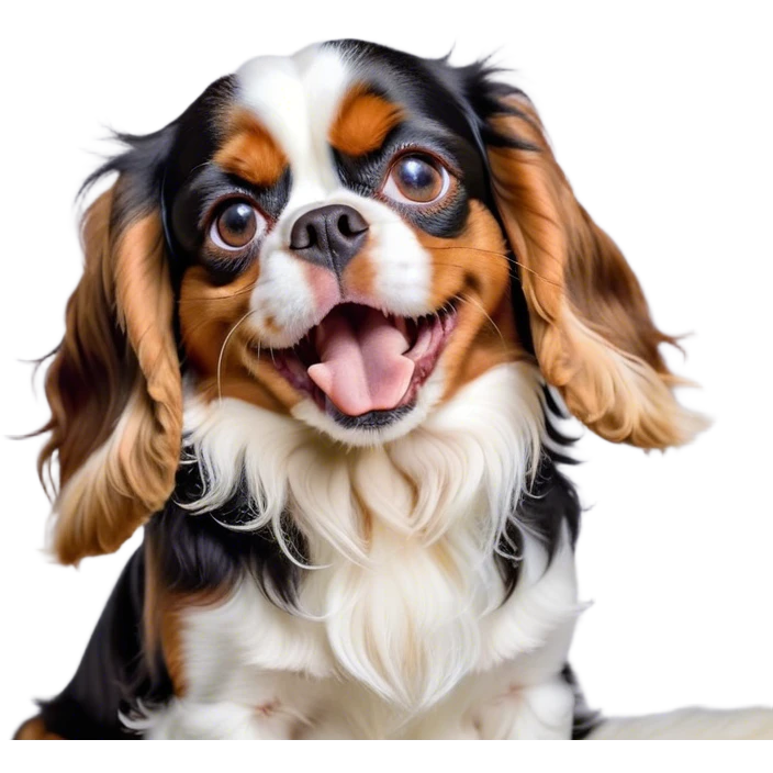 Cinematic Cute Yawning Tri-Colour Cavalier King Charles Spaniel Portrait Emoji, Head tilted slightly with a dramatic, wide-open yawn, soft tri-colour fur with balanced black, white, and tan markings, floppy ears slightly drooping, round brown eyes barely open in drowsy contentment, Simplified yet irresistibly adorable features, highly detailed, glowing with a soft, cozy glow, high shine, relaxed yet expressive, stylized with a touch of whimsy, bright and endearing, soft glowing outline, capturing the essence of a sleepy yet affectionate companion, so drowsy it feels like it could stretch right out of the screen and curl up for a nap! emoji