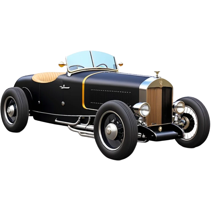 Batgirl’s black Bare bones (lowered bonneville cowl) drag racing modified (fenders removed) chopped streamlined sporty roadster that is a (stripped down) hot street rodded engine sports car 1932 Rolls Royce Woody futuristic  wide racing wheels that are held strong by advanced suspension and steering emoji