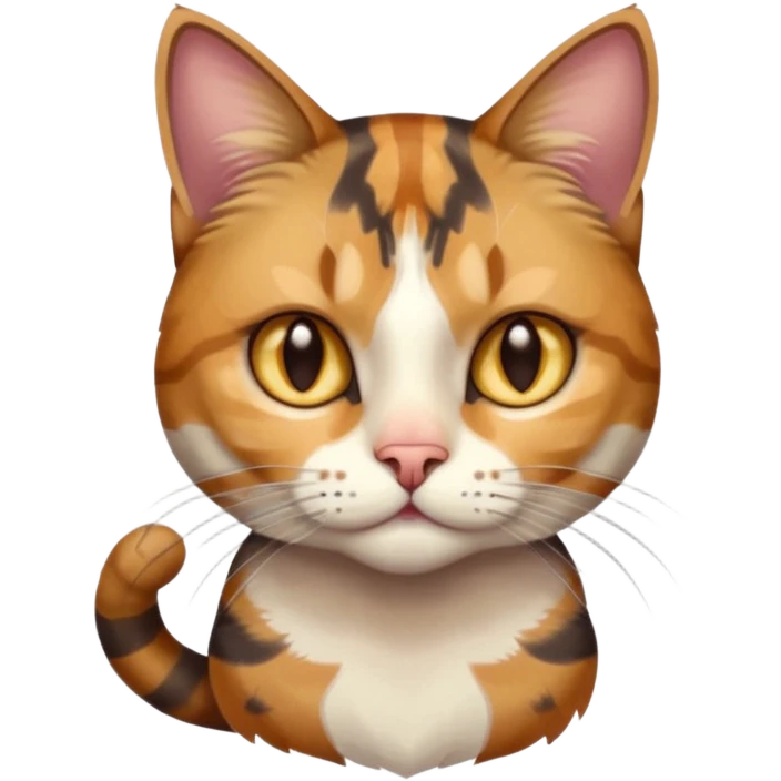 full body anxious looking colourful light calico tabby cat with hazel eyes  and half of face in brown tabby emoji