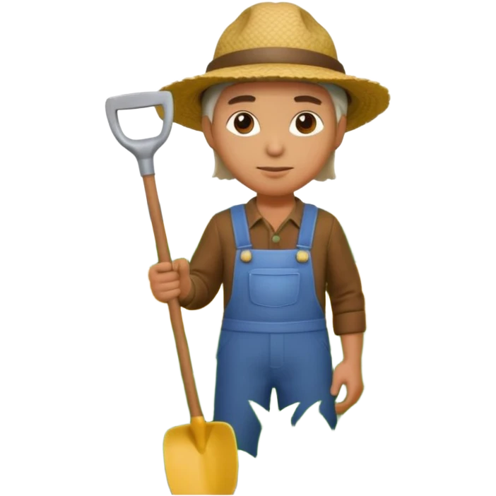 A 3D cartoon farmer standing in a green field with crops, wearing a hat and holding a shovel, bright sunlight, soft shadows, realistic Memoji-style rendering. emoji