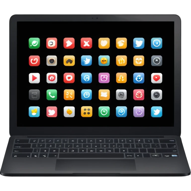 A simple black laptop displaying app icons in grid, no key labels emoji
