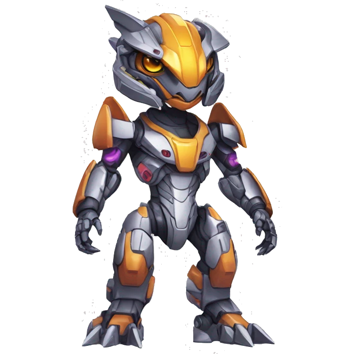 Colorful Edgy Chibi Greymon-Velociraptor-Genesect-Fakémon-Pokémon wearing a with a futuristic visor-helmet And Mecha-suit Full Body emoji