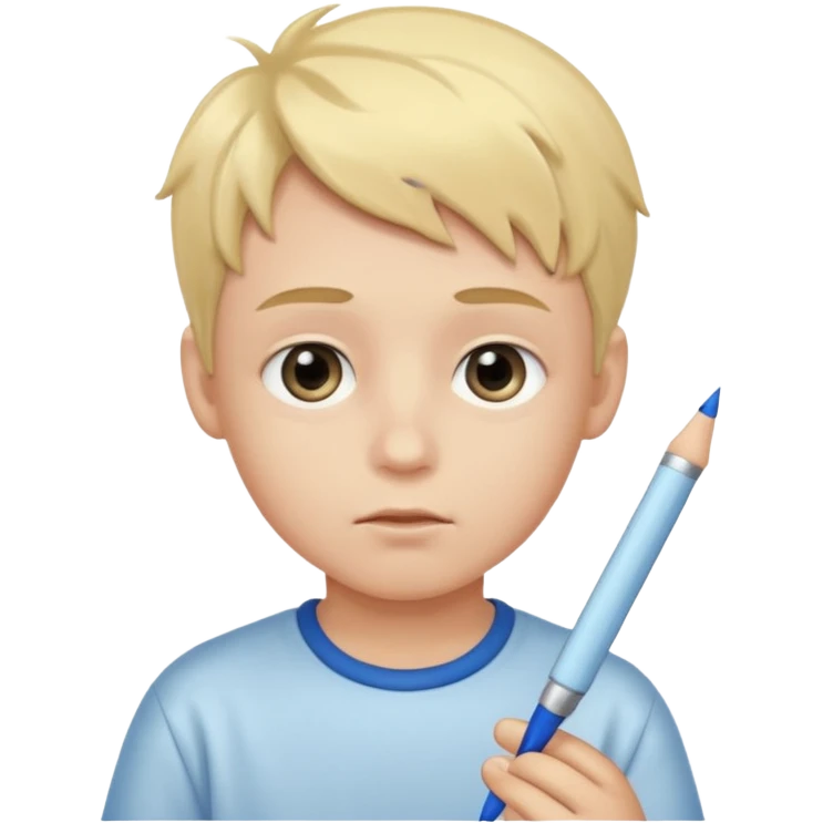 boy with watery eyes holding a pen emoji
