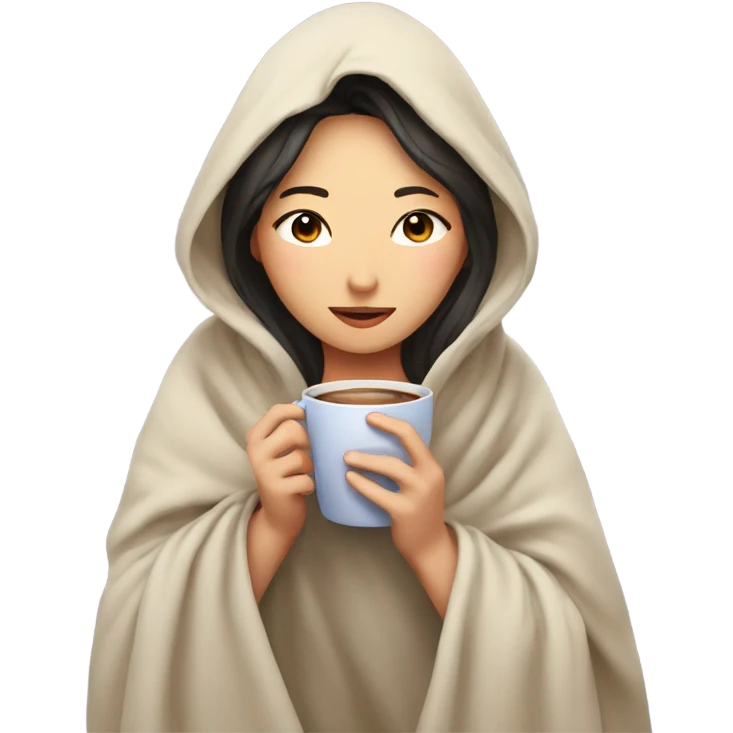 girl inside a blanket sipping coffee eyes closed asian emoji