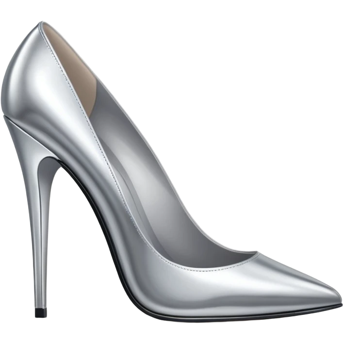 A pair of high heel shoes emoji made of polished silver chrome, elegant sharp silhouette, smooth metallic surface, glossy reflections, luxury sexy vibe, minimalistic iOS emoji style, centered, clean white background emoji