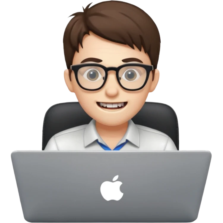 geeky software engineer with glasses and protruding teeth, typing on a laptop, simple, clear emoji