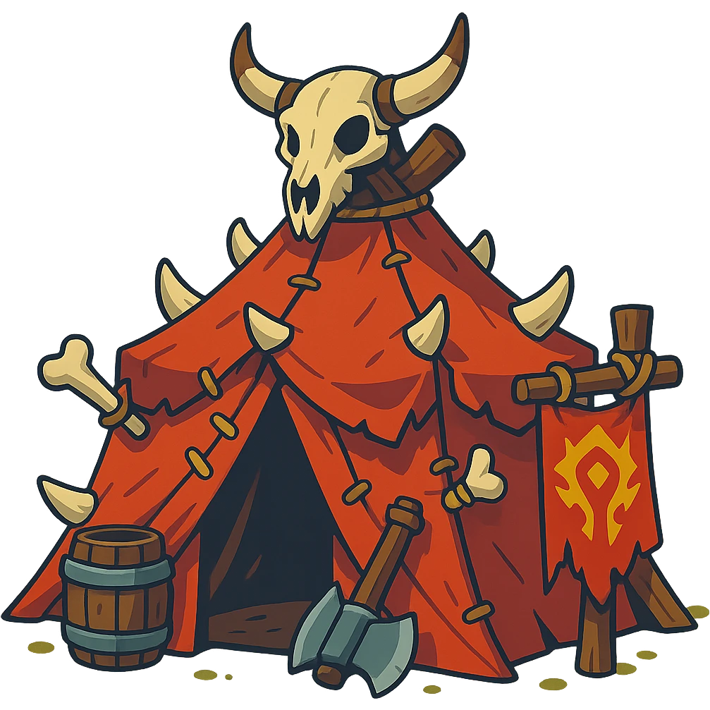 orc tent, vibrant illustration style, detailed leather, wood and bones, tribal atmosphere emoji
