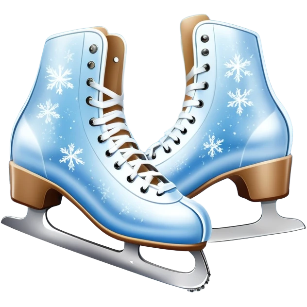 An icon showing In the background, twinkling lights, winter trees, and cheering spectators create a festive atmosphere. a pair of elegant ice skates gliding across a smooth, frozen rink with snowflakes in the air. Transparent background highlights the grace and charm of ice skating. emoji