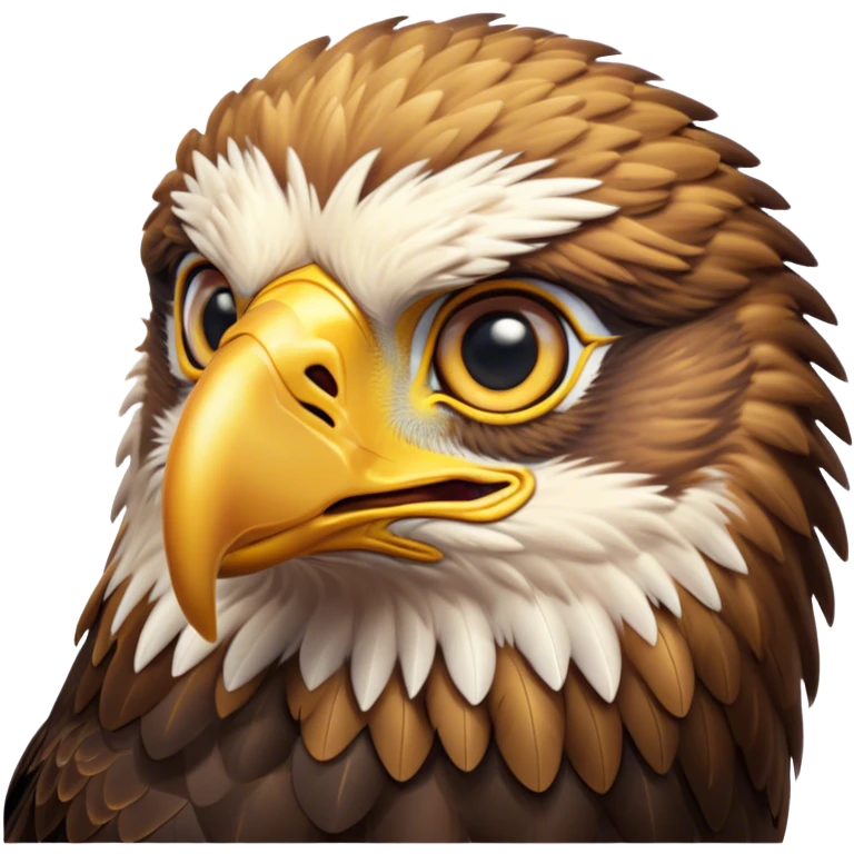 Cinematic Cute Golden Eagle Portrait Emoji, Head tilted playfully and inquisitively, featuring a compact, streamlined form with subtly ruffled, golden plumage and round, sparkling eyes full of spirited charm, Simplified yet irresistibly adorable features, highly detailed, glowing with a warm, inviting glow, high shine, affectionate and lively, stylized with a touch of whimsical aerial grace, soft glowing outline, capturing the essence of a mischievous yet endearing golden eagle that seems as if it could glide out of the screen into your heart! emoji