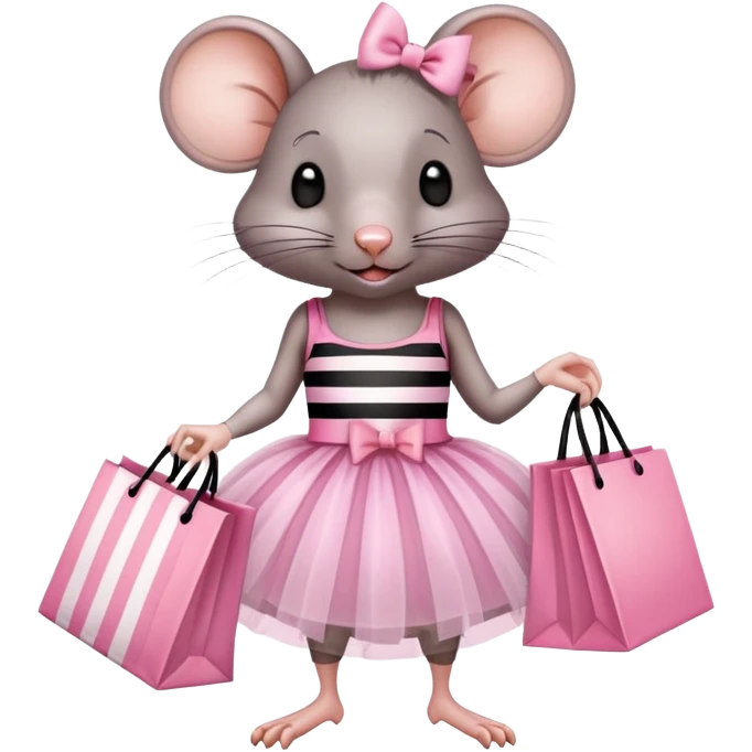 rat with a pink dress and tutu holding a black and white striped shopping bag emoji