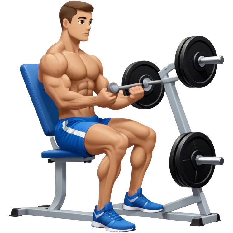 side-view bodybuilder in blue shorts seated weighted calf-raise machine lower leg exercise emoji