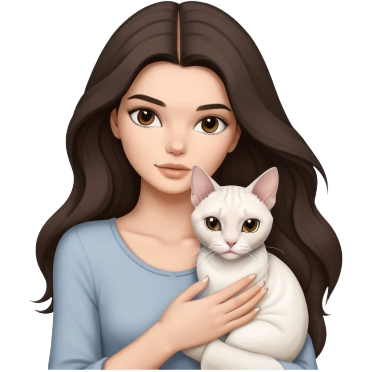 brunette Kendall Jenner with long hair holding on the hands a white cat, and a grey Sphynx emoji