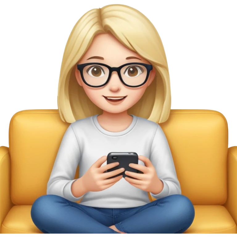 A cute young girl with glasses sitting on a couch, happily playing a mobile phone game emoji