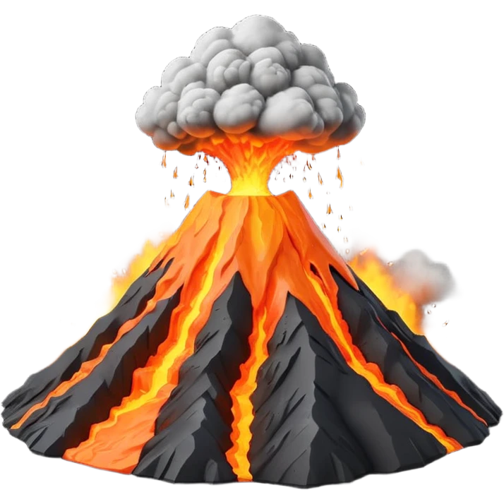 3D render of Volcano, miniature weather phenomenon, volumetric particle effects, mountain with orange lava and black ash smoke, elemental energy, emoji style, isolated on white background --v 6.0. emoji