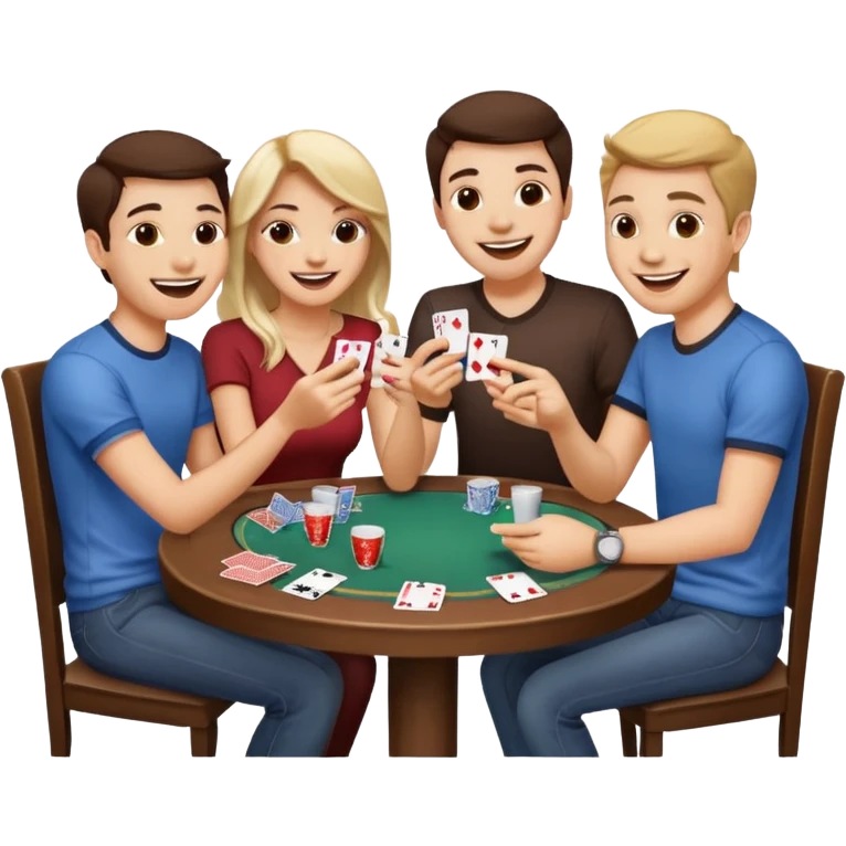 friends gathered around a table, taking shots and playing cards emoji