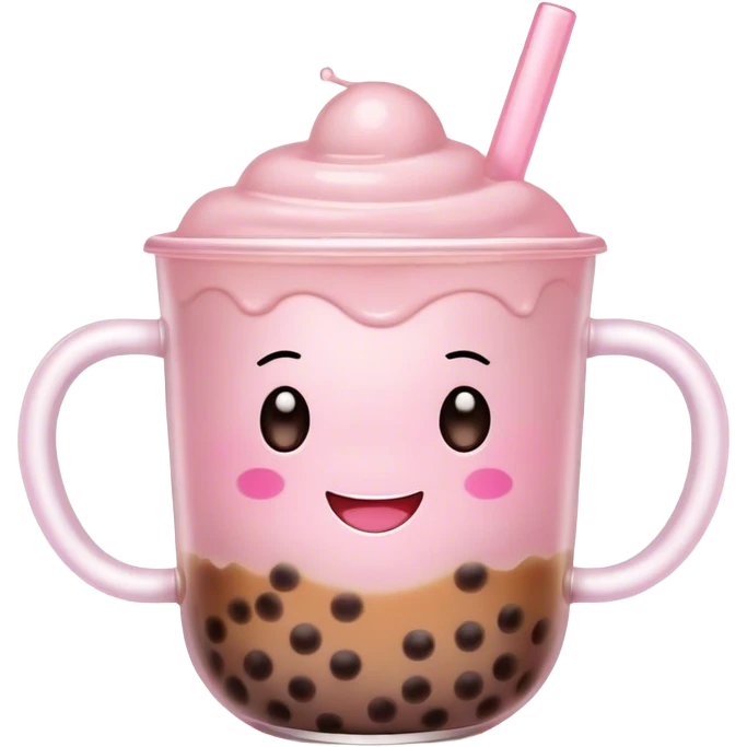 Cute Kawaii Boba Tea Cup, with a happy smiling face, chubby round shape, pastel pink and brown colors, soft glowing highlights, adorable tapioca pearls floating inside, sparkling eyes full of joy! emoji