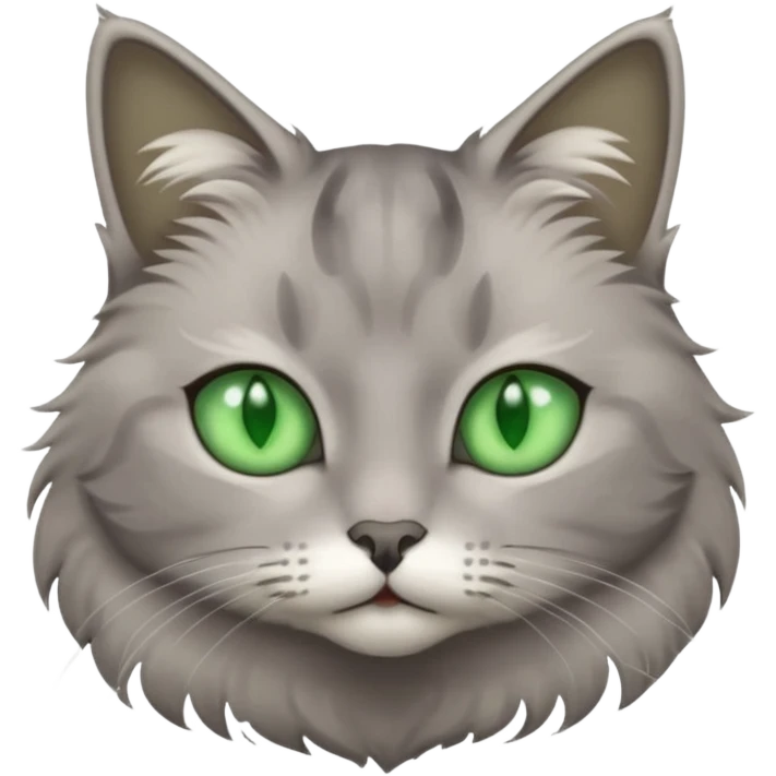 grey cat with green eyes and white stain below the blow emoji