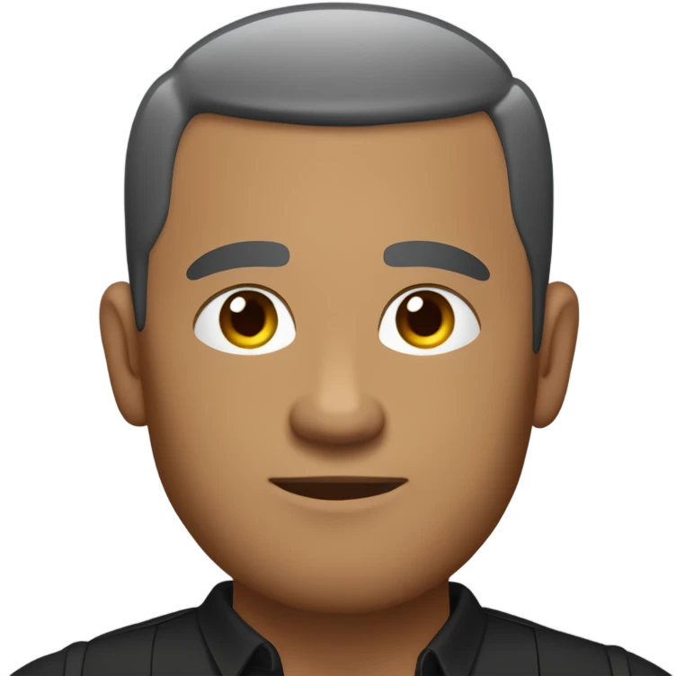 A middle-aged man with olive-toned skin with buzz cut hair and no facial hair. He is wearing a sleek black smart shirt, casually unbuttoned at the top. emoji