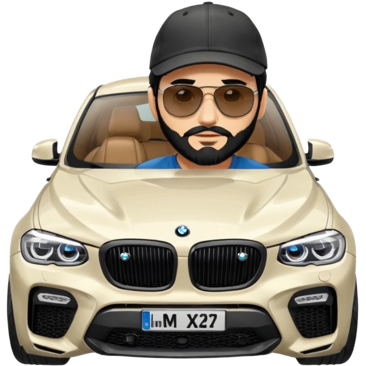 A man with black hair and beard on top of the bonnet of a grey BMW X4 M competition with sunglasses and a baseball cap on emoji