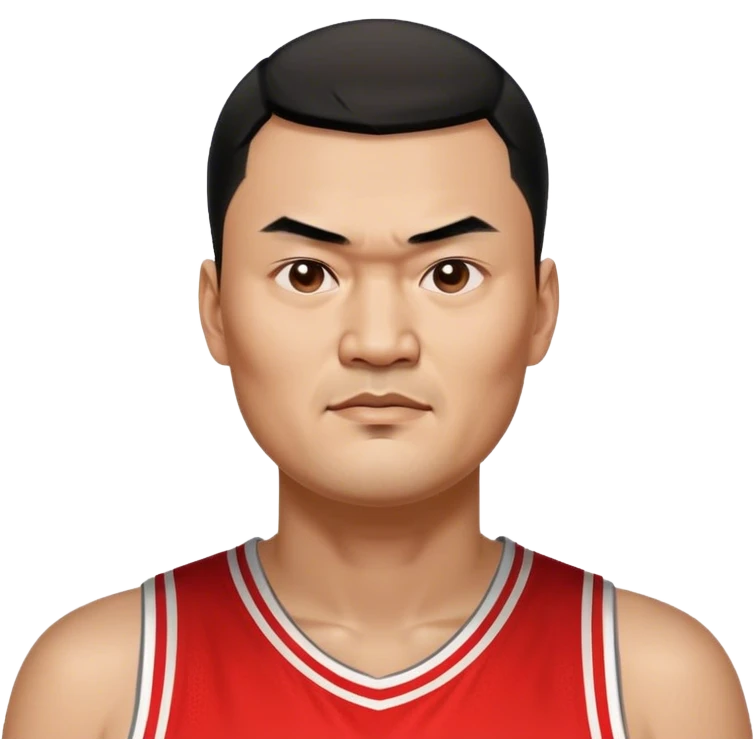 Yao Ming – Cinematic Realistic Portrait of Yao Ming, depicted as a towering basketball icon in a modern uniform, with a gentle yet determined expression and dynamic arena lighting that highlights his immense stature and graceful athleticism. emoji