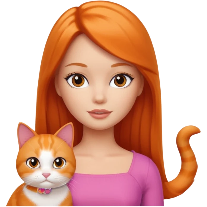 White Barbie girl dark brown long hair with British orange cat emoji