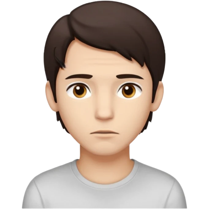 A young man with the appearance of dark brown hair of medium length, slightly parted, covering the forehead and ears. • Large brown eyes with a slightly thoughtful look. • Light skin, full lips, facial expression neutral, slightly tired or complex. • Dressed in a light T-shirt (white) with emoji