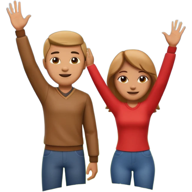 A 3D cartoon couple on top of a hill raising hands in victory, sunny sky and nature background, Memoji-style. emoji
