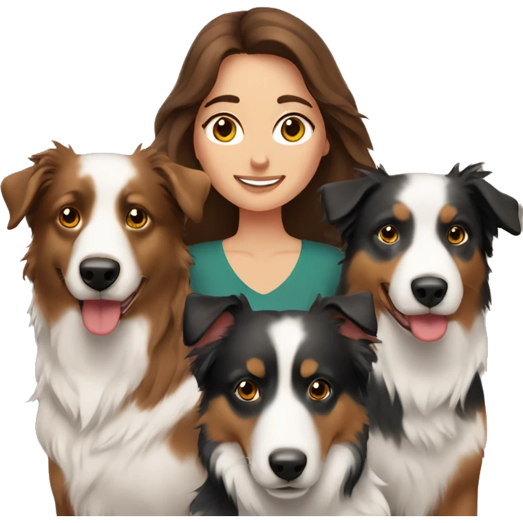 Brunette haired woman surrounded by Australian shepherds emoji