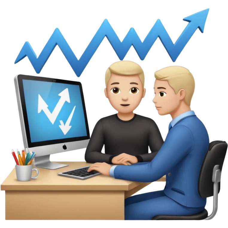 A person sitting at a desk working and looking at a computer with upward arrows and percentage signs, suggesting digital sales, marketing, or outreach. emoji