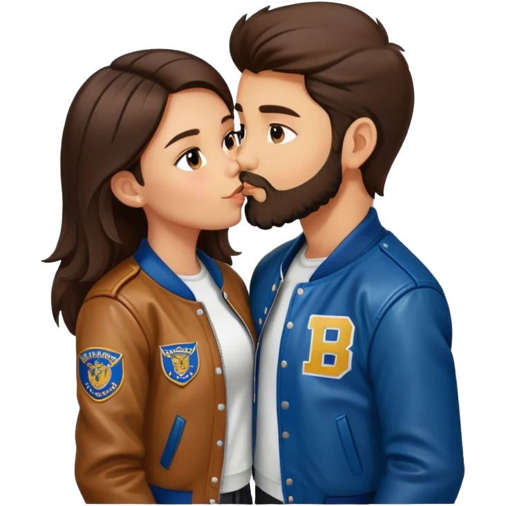 A brunette girl with a letterman jacket kissing a brunette boy with a beard and leather jacket  emoji