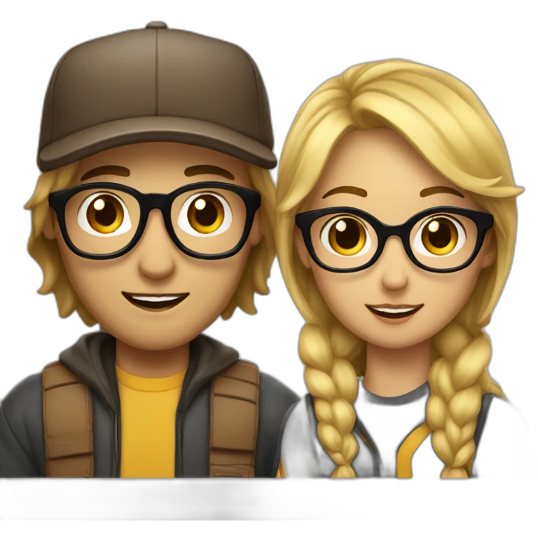 A Women with brown midlong Hair and glasses in Love with a blond Man with gold glasses and a baseballcap emoji