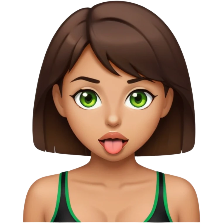 Girl with short brown hair, green eyes. Clothed only black bra and tongue emoji